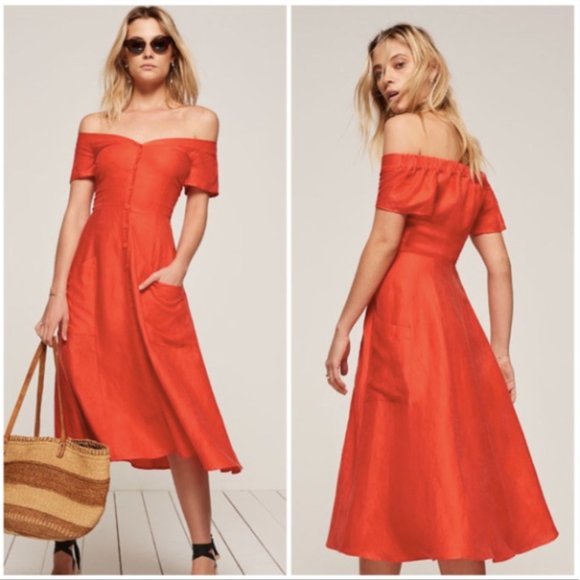 Reformation Dresses & Skirts - Reformation Red Mariposa Off Shoulder Linen Midi Dress 4